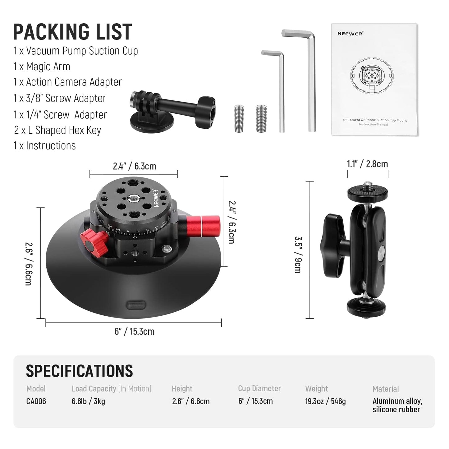 NEEWER 6"/15.2cm Suction Cup Mount with Ball Head Magic Arm, Metal Suction Cup Mount on Car Windshield Dash for Action Camera/Phone Holder, with 1/4" & 3/8" Mounting Holes for ARRI