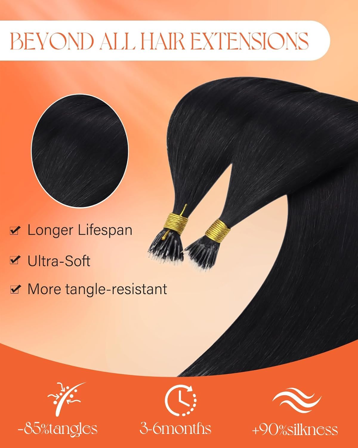 Sunny Hair Nano Beads Hair Extensions For Women Real Human Hair Remy Nano Tip Hair Extensions Human Hair Cold Fusion Loop Ring Nano Link Extensions Black 50G/50S 24inch