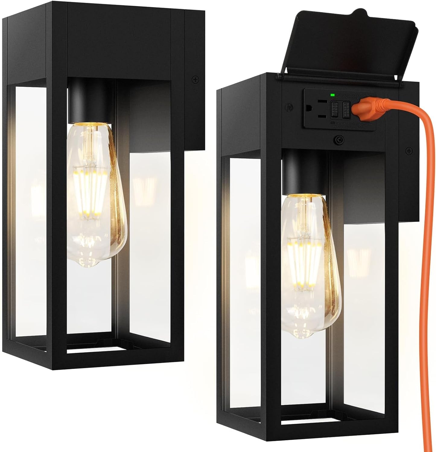 OYKYOHEI 2 Pack Outdoor Wall Light with Outlet,Exterior Light Fixture Wall Mount,Waterproof Porch Lights Outdoor Wall Sconce,Aluminum Anti-Rust LED Lantern for Outside House Garage Entryway,Black