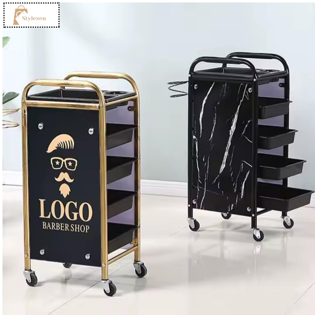 Stylezen 5-Layer Hairdressing Trolley – Rolling Salon Cart with Metal Frame, Easy-Glide Wheels & Storage Trays for Hair Tools & Supplies, Black & Gold Organizer for Salons, Barbershops & Home Use
