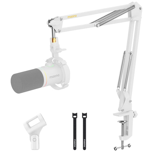 MAONO Boom Arm Microphone Stand: Adjustable Metal Suspension Mic Boom Arm for Podcasting Gaming Streaming Recording,with Desk Clamp and 3/8" to 5/8" Screw Adapter-Max Load 1KG BA20 White