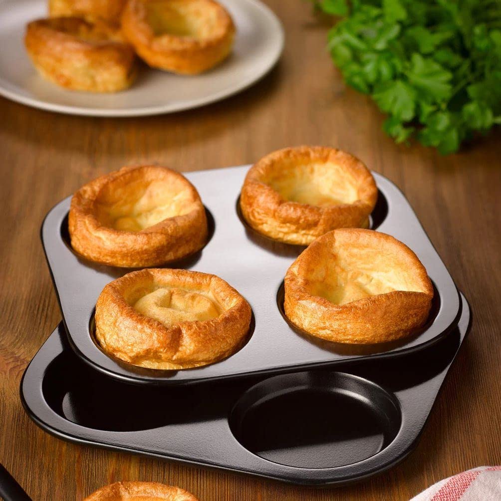 Wrenbury Yorkshire Pudding Tray 4 Cup Twin Pack | Robust Non Stick Yorkshire Pudding Pan Tin – 10 Year Quality Guarantee Baking Tray Christmas Yorkshire Puddings (Set of 2)