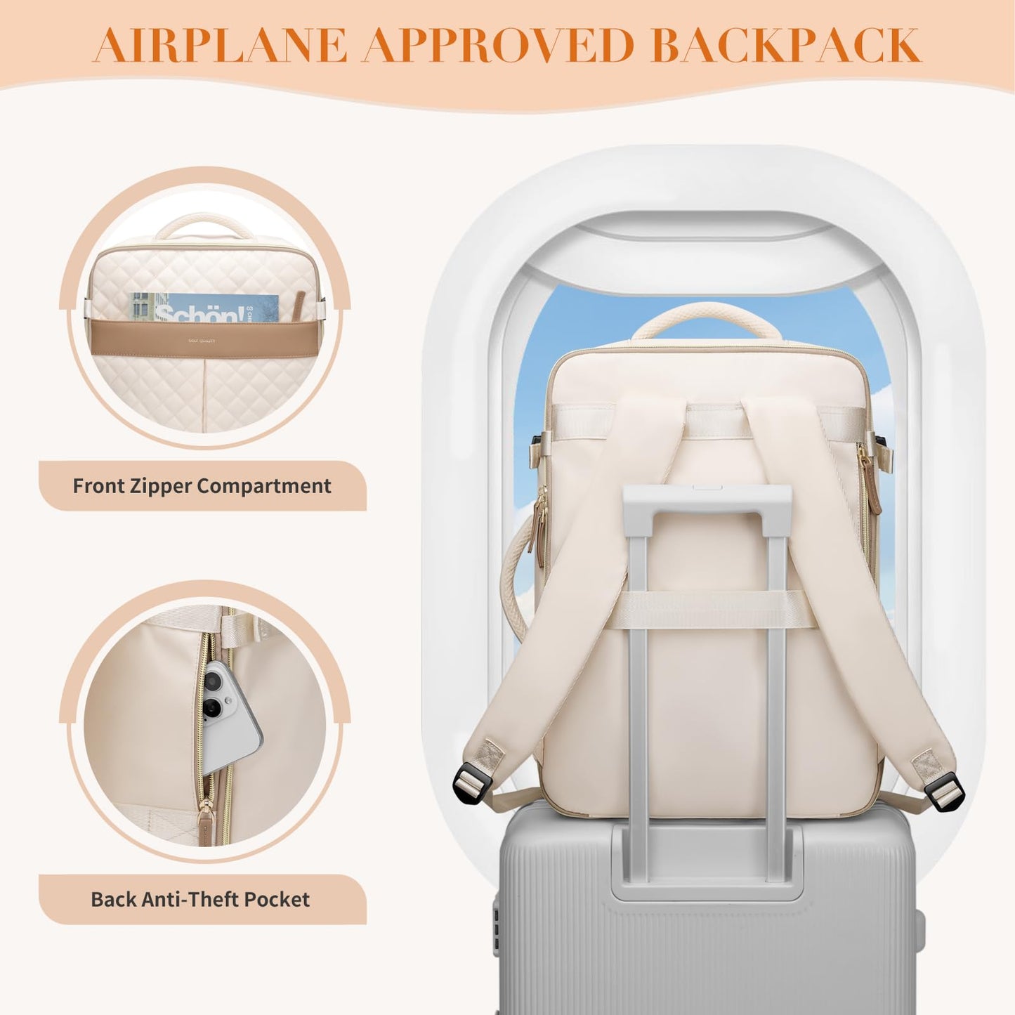GOLF QUALITY Travel Backpack for Women Carry On Underseat Travel Bag Laptop Backpack Casual Daypack for Weekender Business,17 Inch, Beige
