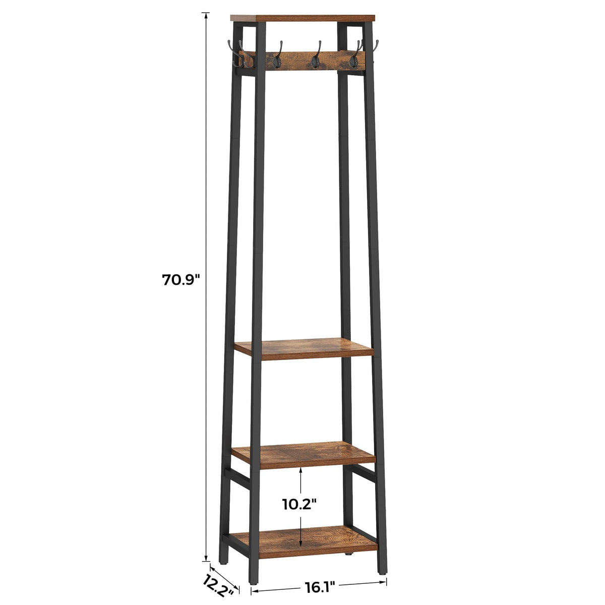 Cerlyunzan Coat Rack Freestanding, Coat Stand with 3 Shelves and 7 Hooks, Hall Tree Free Standing, Clothes Rack Stand Organizer for Bedroom, Hallway, Entryway, Living Room, Rustic Brown and Black