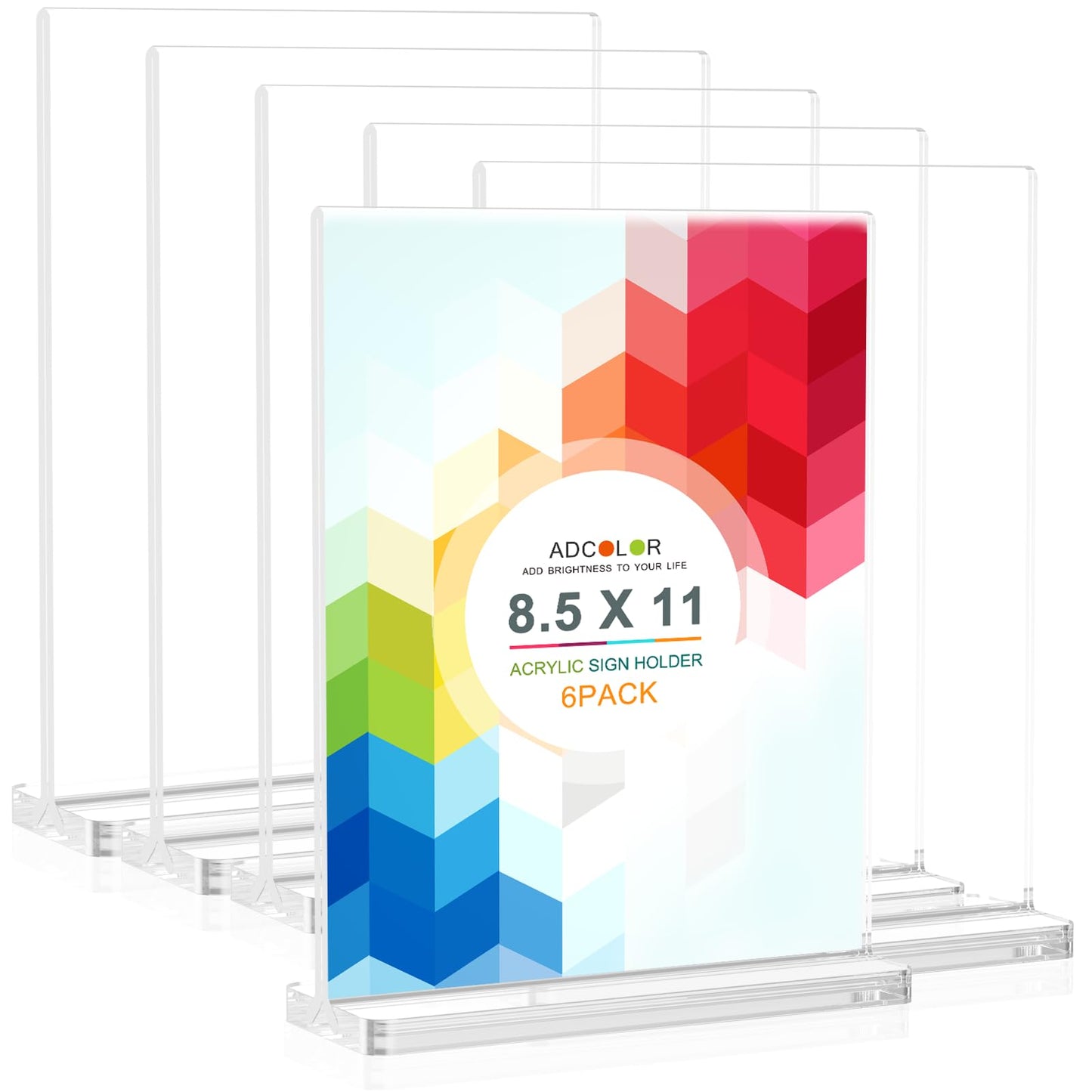 ADColor Acrylic Sign Holder 8.5x11 Vertical - 6 Pack Double Sided Flyer Brochure Document Display Stand Clear Plastic Table Menu Signs Paper Holder for Desk Picture Frame, Office, Store, Restaurant, Show Fair