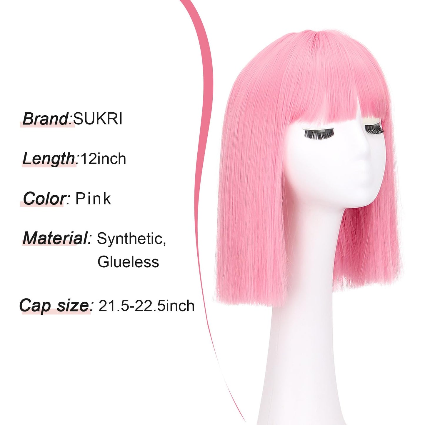 SUKRI Bob Pink Wig with Short Bangs Pink Bob Wig for Women Straight Bob Bangs 12 Inch Heat Resistant Natural Synthetic Hair Daily Use