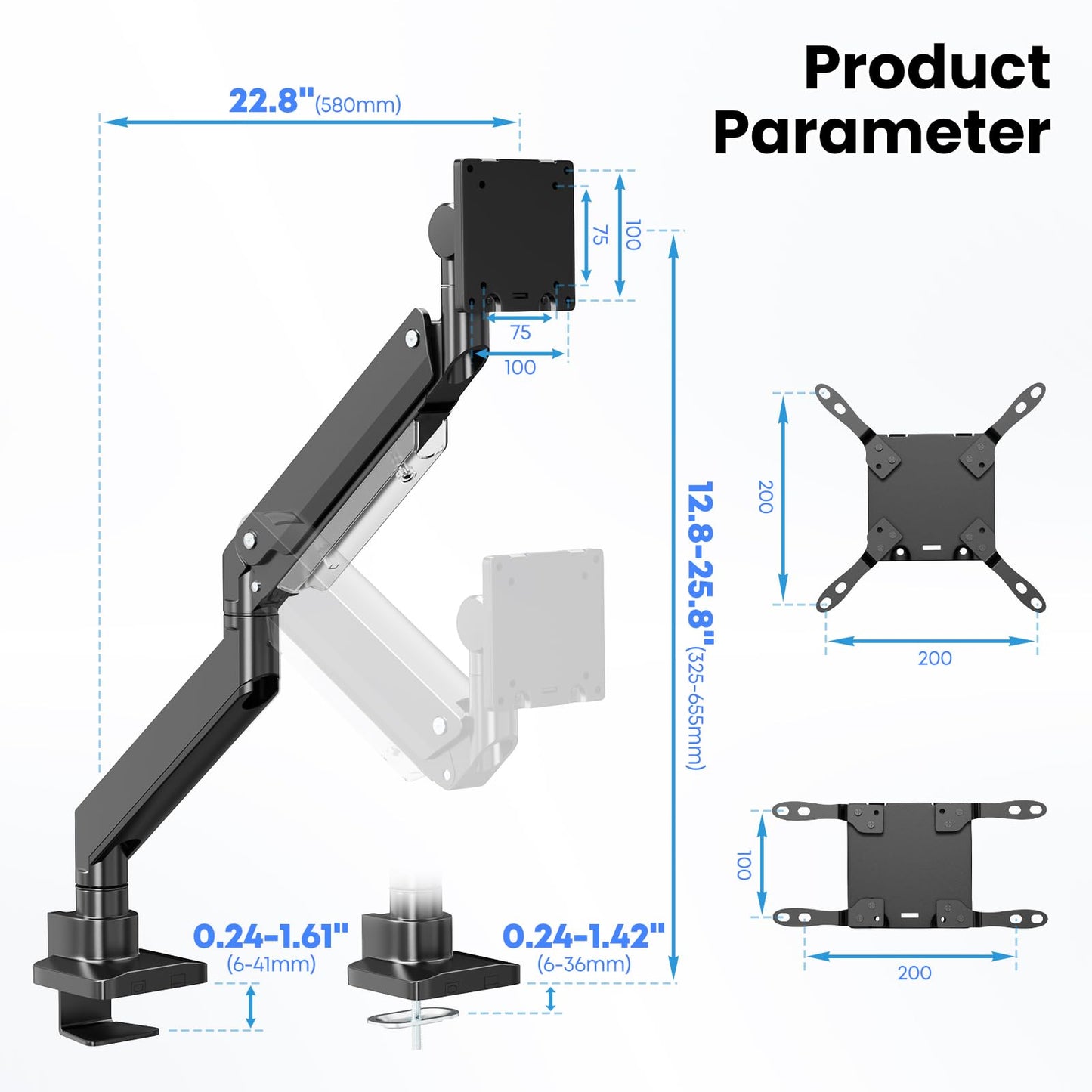PUTORSEN 17-57 Inch Ultrawide Monitor Arm and TV Desk Mount,up to 27kg, Premium Aluminum Single Monitor Arm Desk Mount with Gas Spring, Steel Reinforcement Plate, VESA 75x75 to 200x200