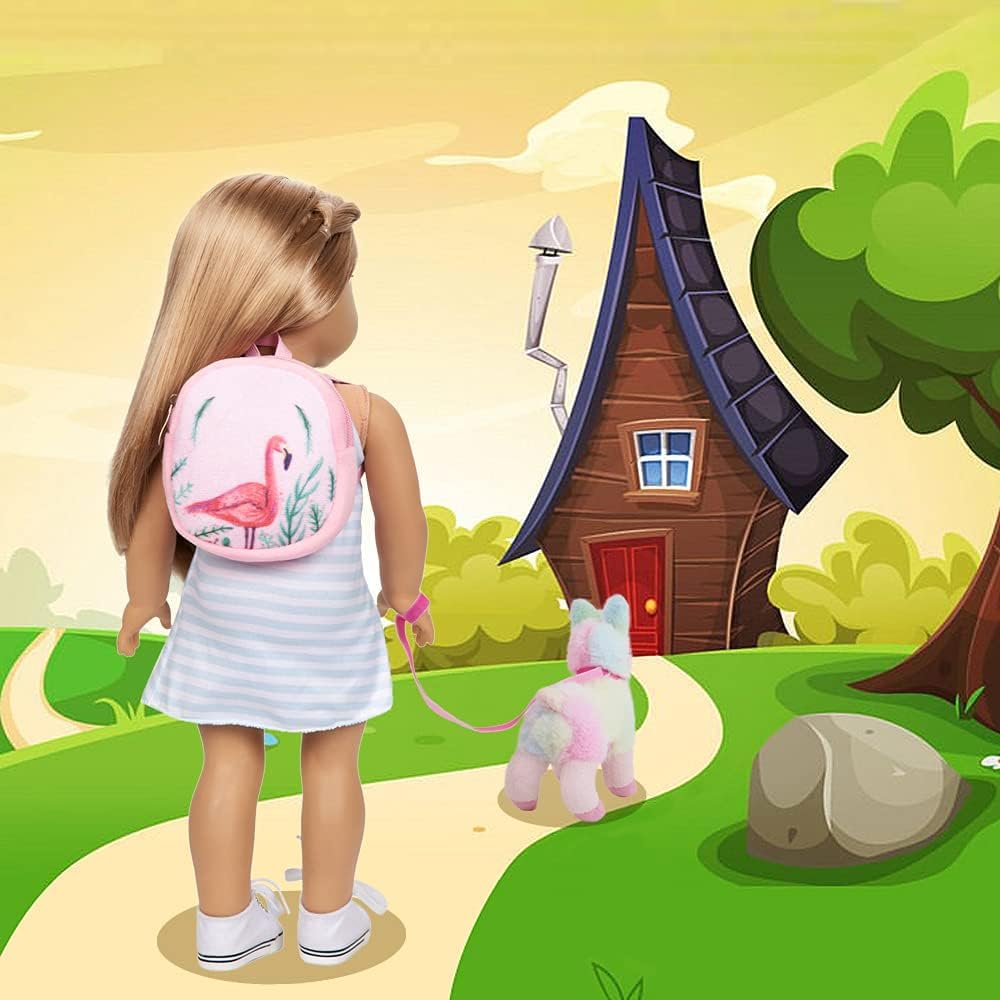 18 Inch Girl Doll Carrier Bag with Doll Clothes and Accessories,Including Dress, White Cloth Doll Shoes ,Doll Backpack, Sunglasses, Toy Lamb