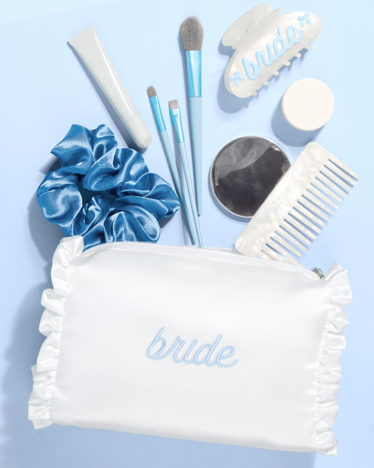 xo, Fetti White Satin Bride Cosmetic Bag | Bachelorette Party Decorations, Bride To Be Purse, Bridal Shower Accessory, GRWM Makeup Bag, White, Ruffle