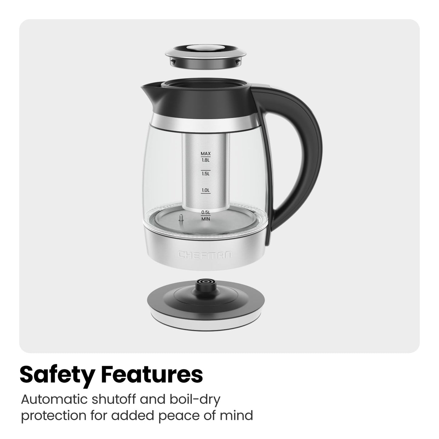 CHEFMAN Electric Kettle with Digital Temperature Control, 1.8L 1500W with Tea Infuser, Hot Water in 3 Minutes, Auto Shut Off, Keep Warm, Borosilicate Glass Electric Tea Kettle – Stainless Steel