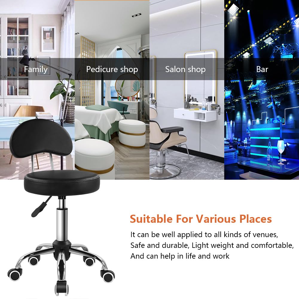 KKTONER Rolling Stool with Mid Back Height Adjustable Chair PU Leather Swivel Chair with Wheels for Office Home Task Drafting (Black)