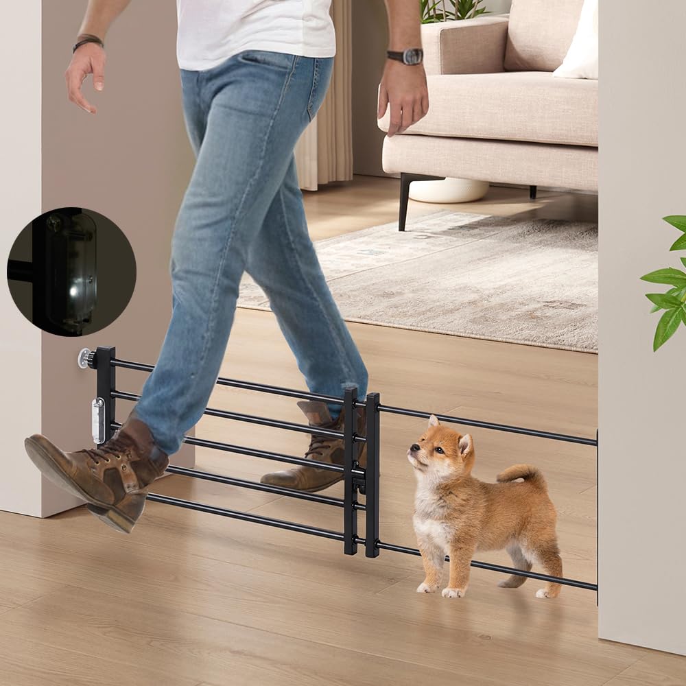 beeNbkks LED Light Metal Dog Gate with Door, 24’’-43’’ Width Expandable Step Over Dog Gate, Short Pet Gate for Stairs Doorways Windows, Pressure Mount Indoor Pet Fence for Small Dogs Puppy