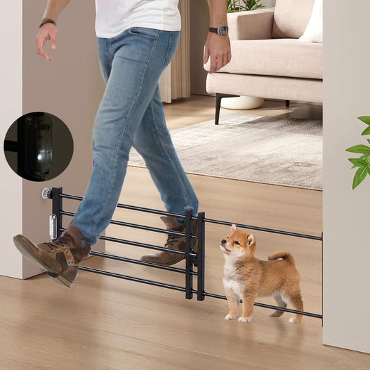 beeNbkks LED Light Metal Dog Gate with Door, 24’’-43’’ Width Expandable Step Over Dog Gate, Short Pet Gate for Stairs Doorways Windows, Pressure Mount Indoor Pet Fence for Small Dogs Puppy