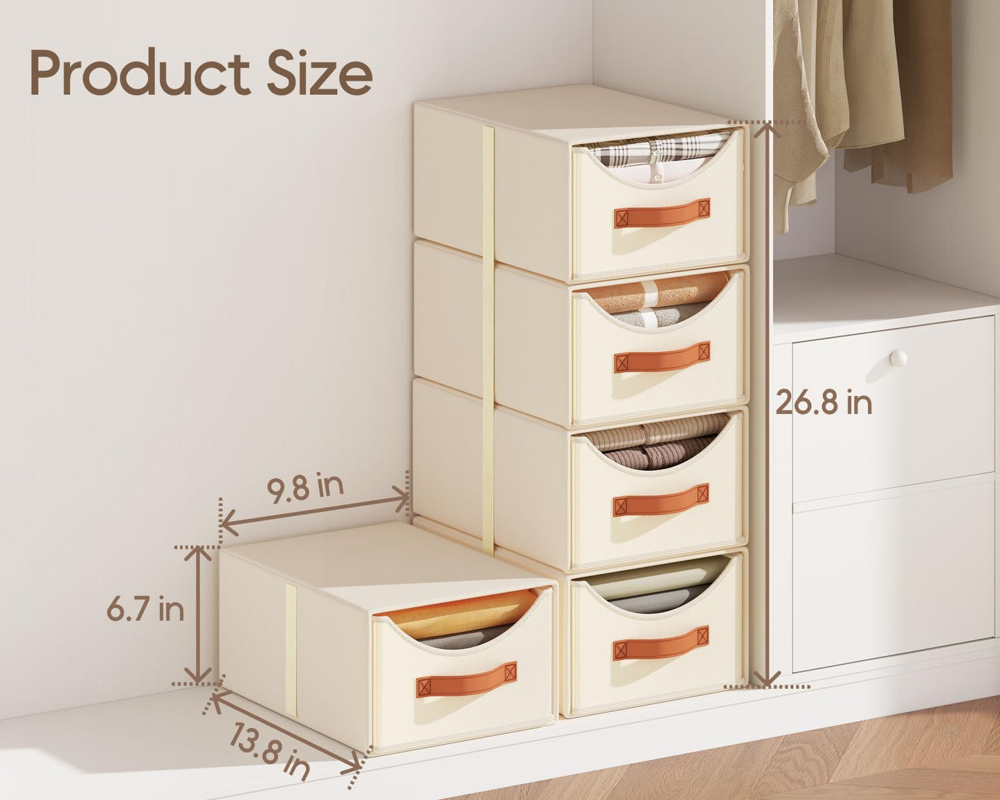 DIMJ Closet Storage and Drawers Organizers - 4 Pack Fabric Stackable Storage Drawer Unit Clothes Organization with Reinforced Handles for Wardrobe, Bedroom, Office,Shelves (Beige)