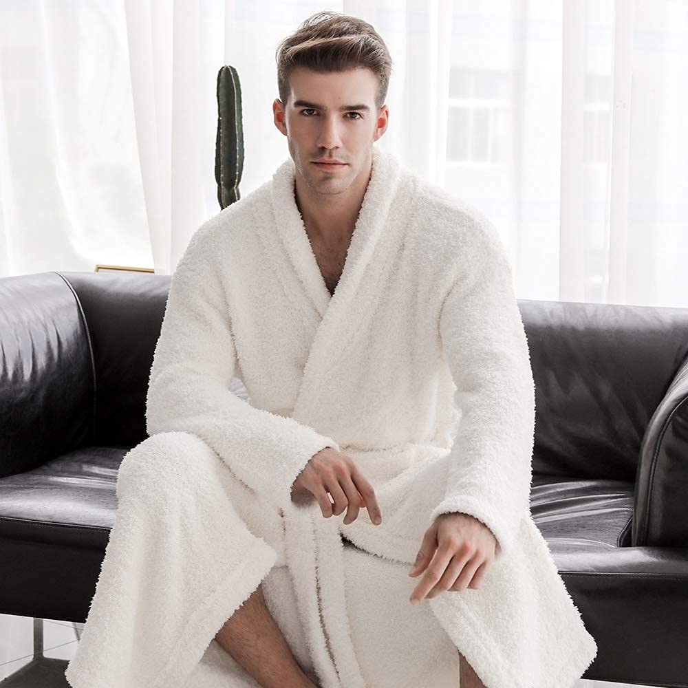 7 VEILS Women and Men Cozy Knit Stretchy Super Soft Long Robes Spa Bathrobes Comfortable Loungewear -Cream - M