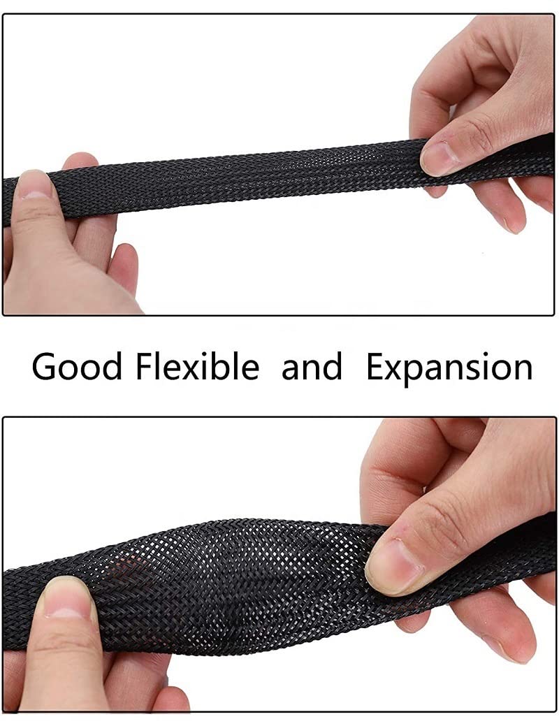 Black Cable Sleeve, 30Ft PET Braided Wire Cord Cover, 1/5, 1/2, 3/4 Inch Expandable Bulk Cables Sleeving, Wire Protector Tubing, Wire Management Automotive Wires Loom Mesh for Electrical Wires Conceal