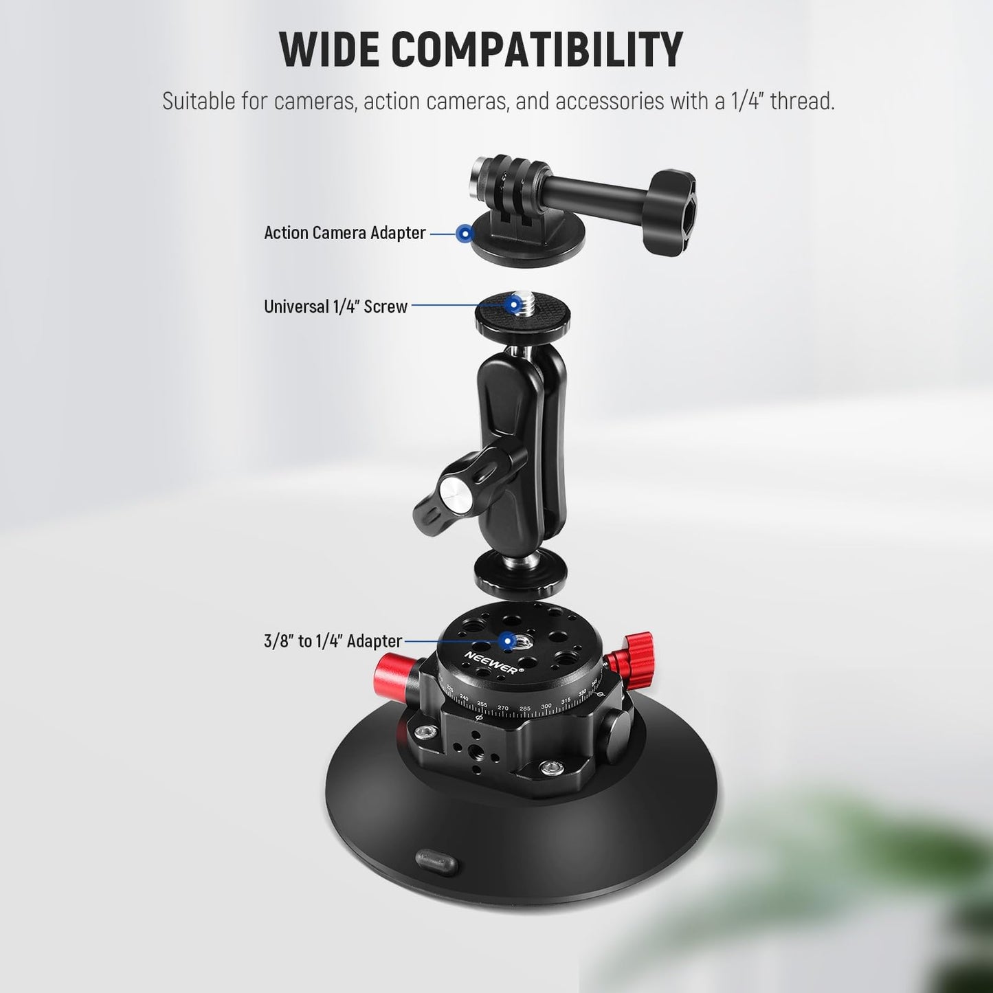 NEEWER 6"/15.2cm Suction Cup Mount with Ball Head Magic Arm, Metal Suction Cup Mount on Car Windshield Dash for Action Camera/Phone Holder, with 1/4" & 3/8" Mounting Holes for ARRI