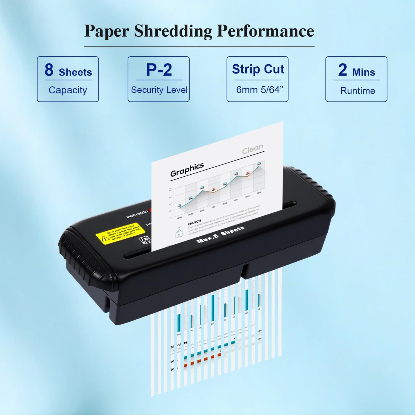 Wingwise Paper Shredder for Home, 8 Sheets Strip Cut Small Office Shredder with Overheat Protection, No Basket, Extendable Arm, Black
