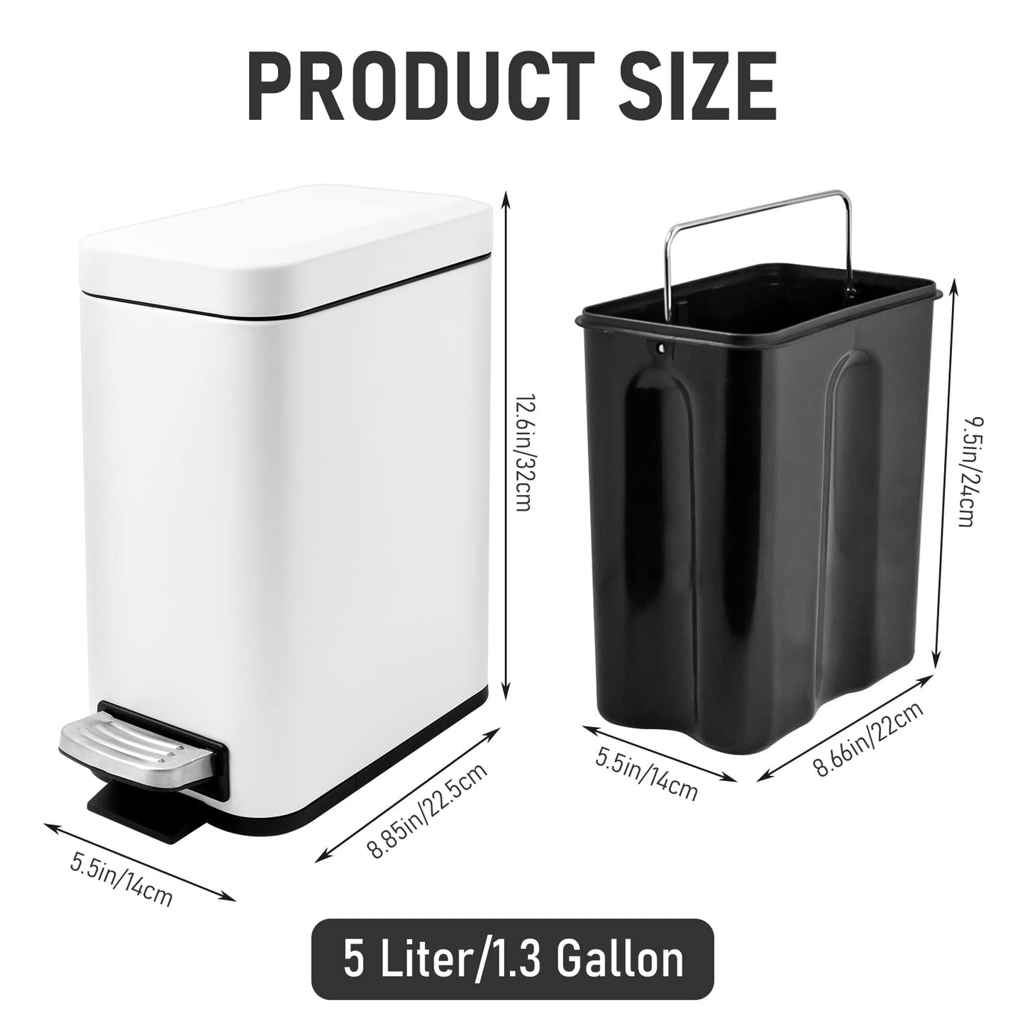 5 Liter/1.3 Gallon Slim Small Trash Can with Lid Soft Close, Stainless Steel Garbage Can for Bathroom Bedroom Office, Rectangular Step Trash Bin with Removable Inner Waste Basket (White)