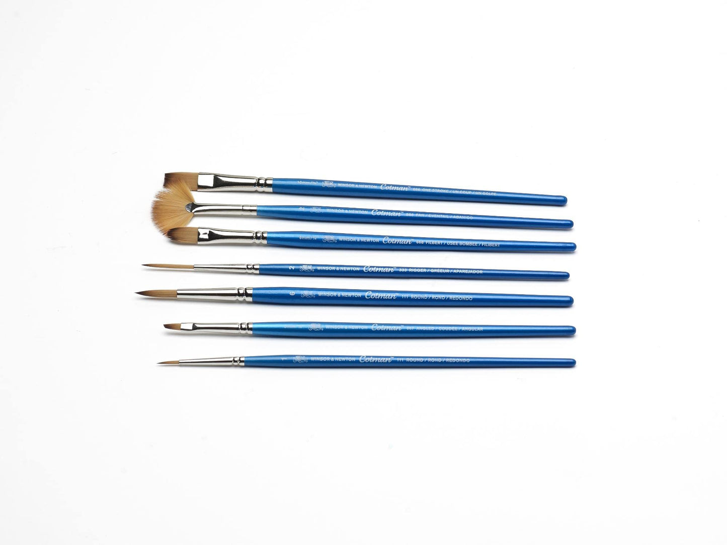 Winsor & Newton Cotman Short Handle Brushes, Set of 7, (Round 1 & 6, Rigger 2, Filbert 1/4", One Stroke 3/8", Angled 1/8", Fan 2)