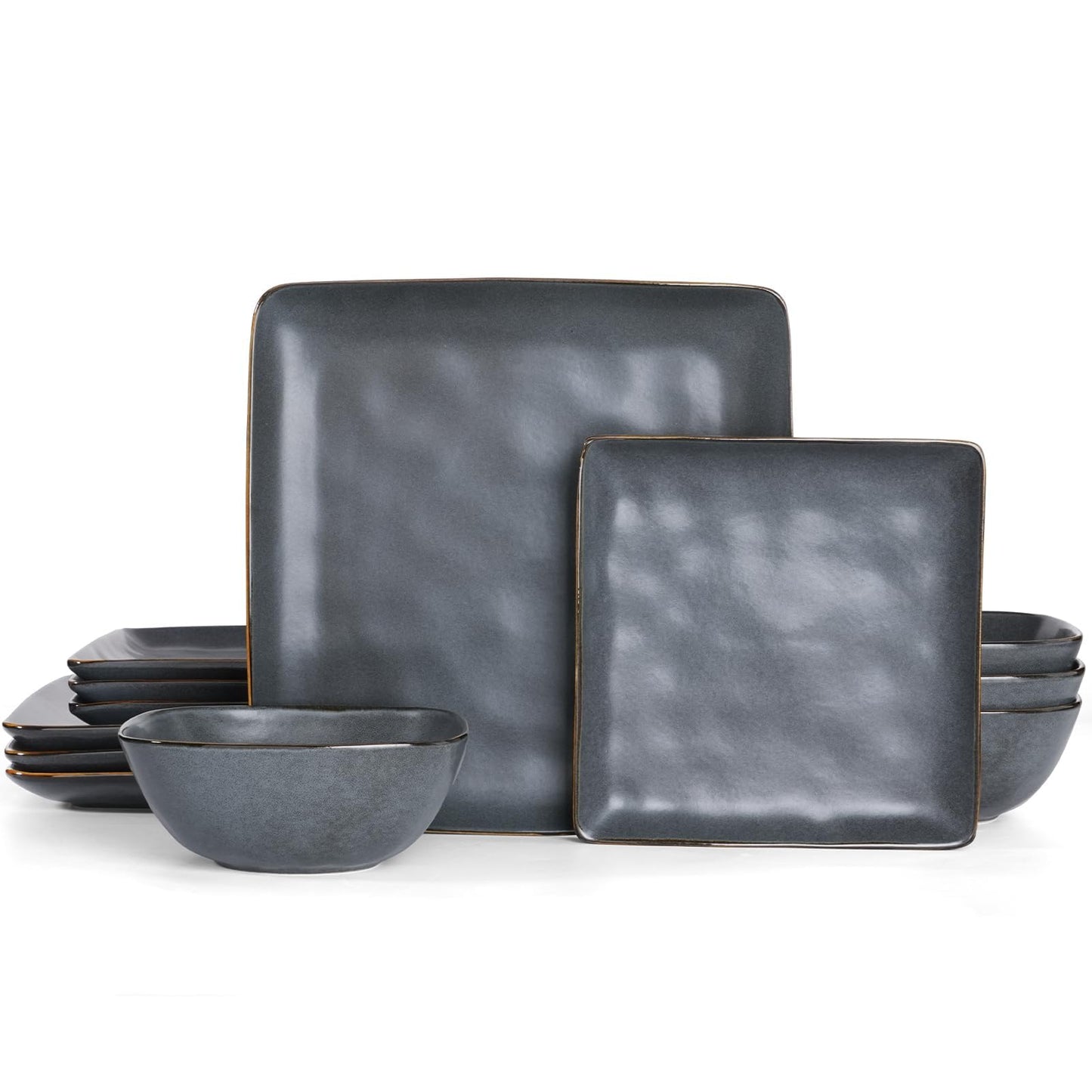 Richmount Dinnerware Sets for 4, Ocean Square 12-Piece Kitchen Plates and Bowls Sets, Microwave and Dishwasher Safe, Scratch Resistant, Matte Black