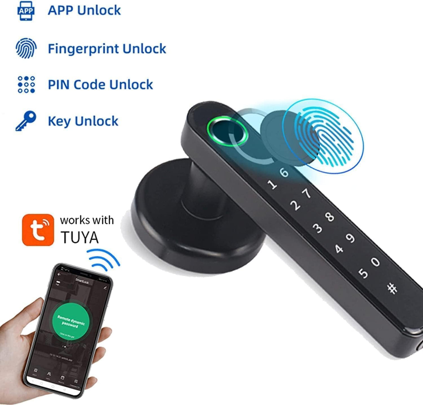 Smart Lock - Smart Door Lock 5 in 1, Keyless Entry Door Knob with APP/IC Card/Digital Code/Backup Keys/Fingerprint, Electronic Keypad Lock Remote APP Control, Reversible Handle