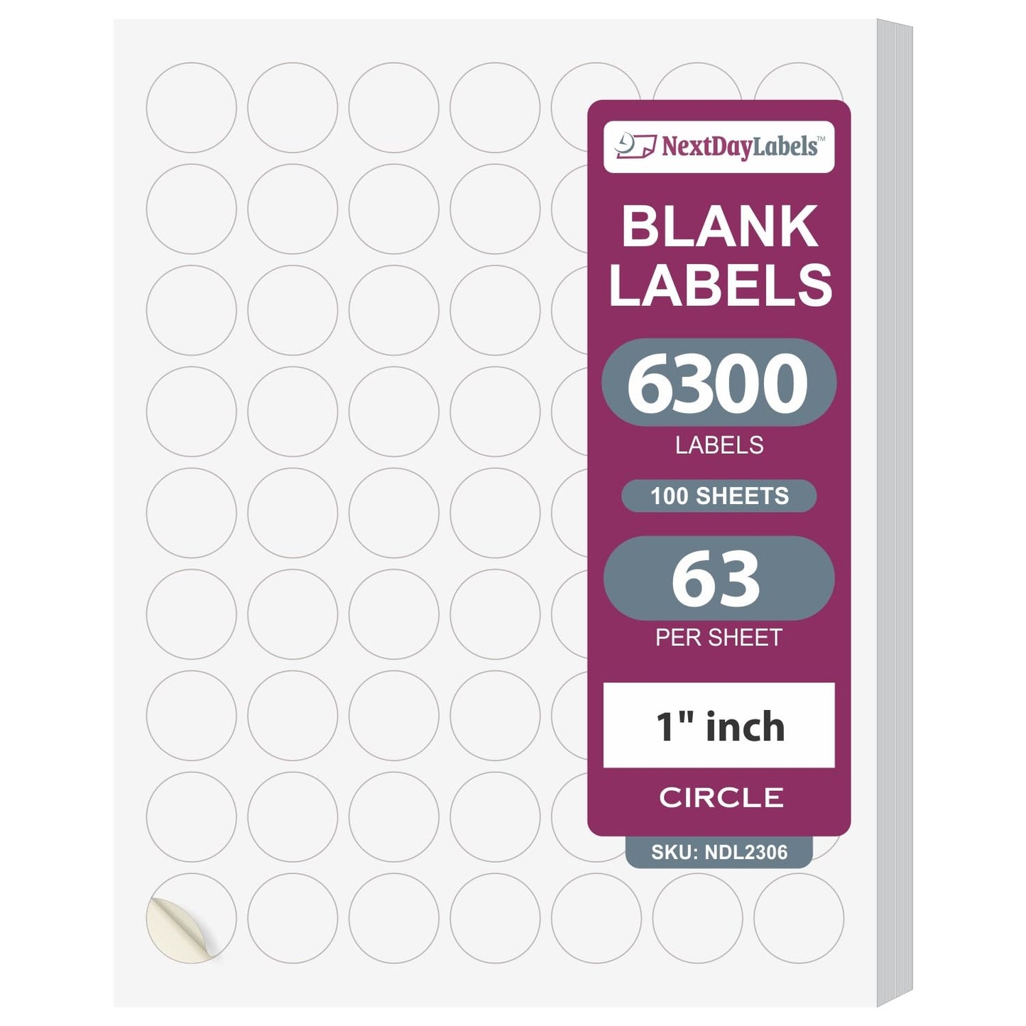 NextDayLabels - 1 Inch Round Labels - Round Sticker Labels for Printer - Matte White Blank Laser/Inkjet Printer Labels - Circle Stickers Printable Labels (100 Sheets, 63 Per Sheet, 6300 Labels)