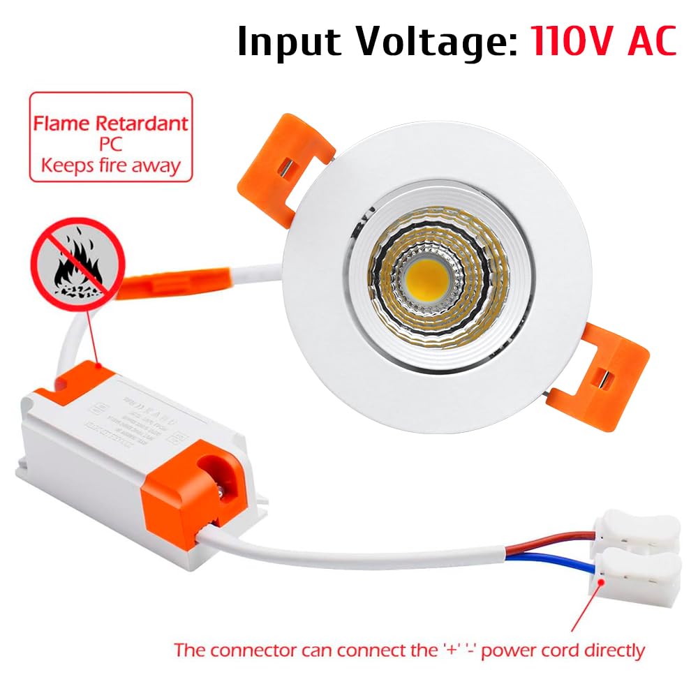 LightingWill 10-Pack 3W CRI80 LED Downlight Dimmable 220LM Directional Recessed COB Ceiling Light Cut-out 2in(51mm) 60 Beam Angle 3000K-3500K Warm White 25W Halogen Bulbs Equivalent