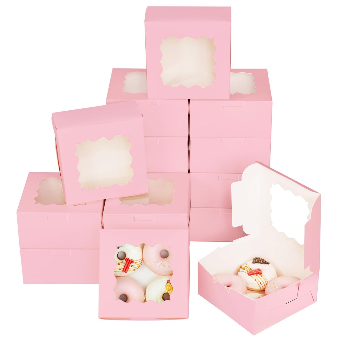 Bakepacker Pink 6x6x3 inches Cookie Boxes, 100pcs, Easy Assemble, Window, Elegant and Modern Style, Bakery Boxes