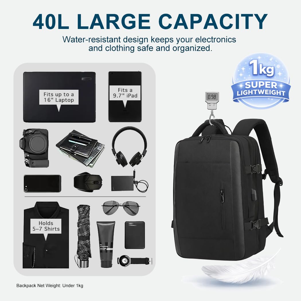1NEVAN Carry On Backpack, 40L Expandable Travel Backpack for Men &Women, TSA-Friendly Laptop Backpack Fits 15.6 Inch, Carry On Luggage for Airplanes, 40L Backpack for Flight & Weekender