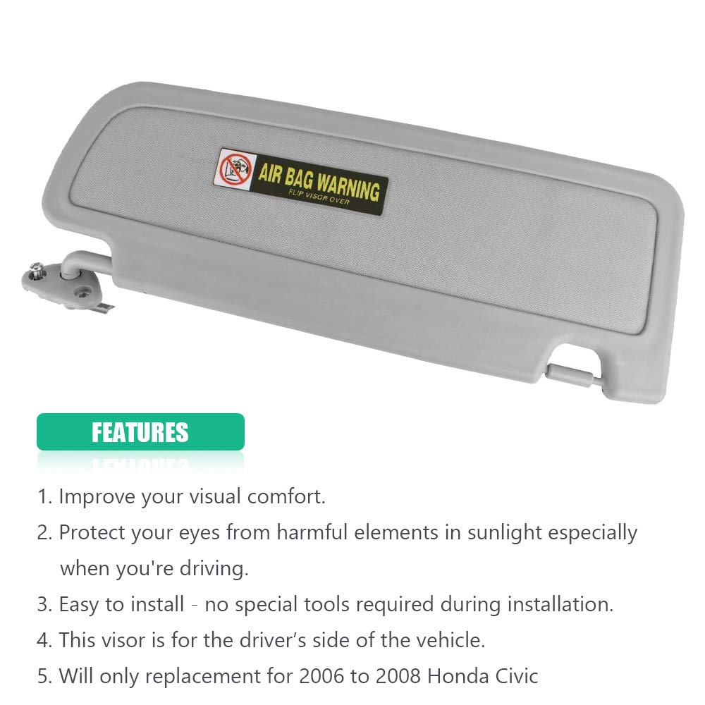 Driver Left Sun Visor FP2017D for 2006 2007 2008 2009 2010 2011 Honda Civic EX/LX/Sedan/SI Coupe, 83280-SNA-A01ZA Clear Gray