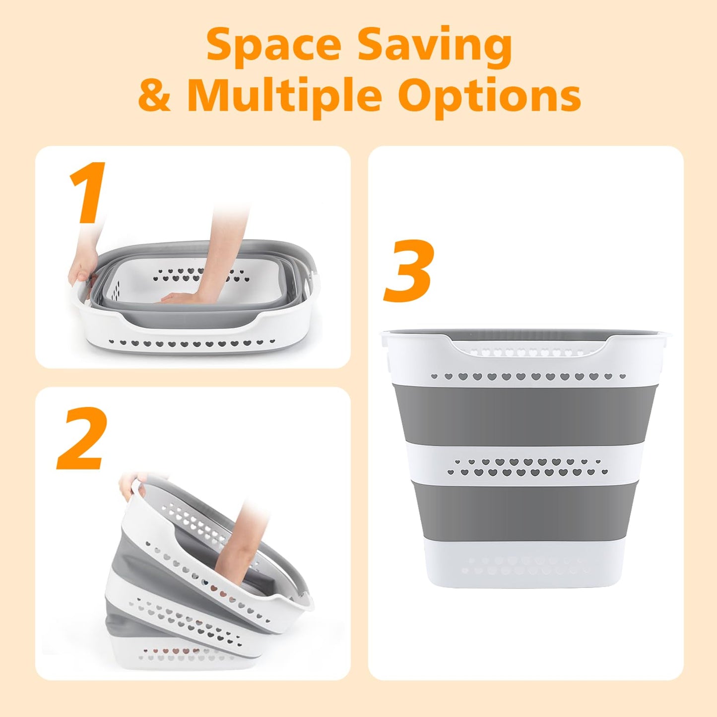 Collapsible Plastic Laundry Basket Hamper with Handles, Foldable Laundry Basket, Pop Up Storage Container Organizer for Washing Storage (1, Gery, 42L)