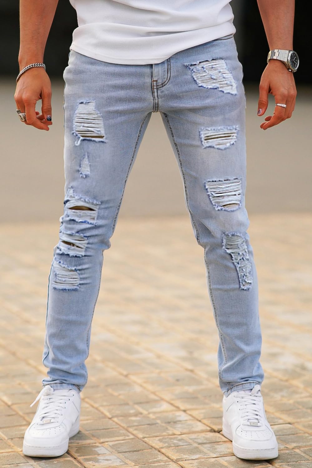 GINGTTO Men's Skinny Jeans Stretch Ripped Tapered Leg, Light Blue Ripped, 30W x 30L
