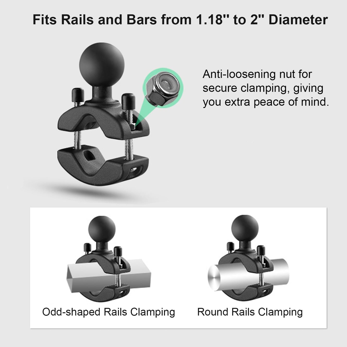 WINDFRD Aluminum Grab Bar Clamp Mount Base with 1.5'' Ball for Rails 1.18'' to 2'' in Diameter, Compatible with RAM Mounts C Size 1.5 Inch Ball Double Socket Arm