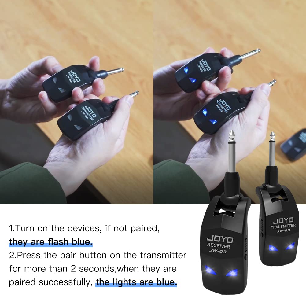 JOYO 2.4GHz Wireless Guitar System 4 Channels Rechargeable Audio Wireless Transmitter Receiver for Guitar Bass Electric Instruments (JW-03)