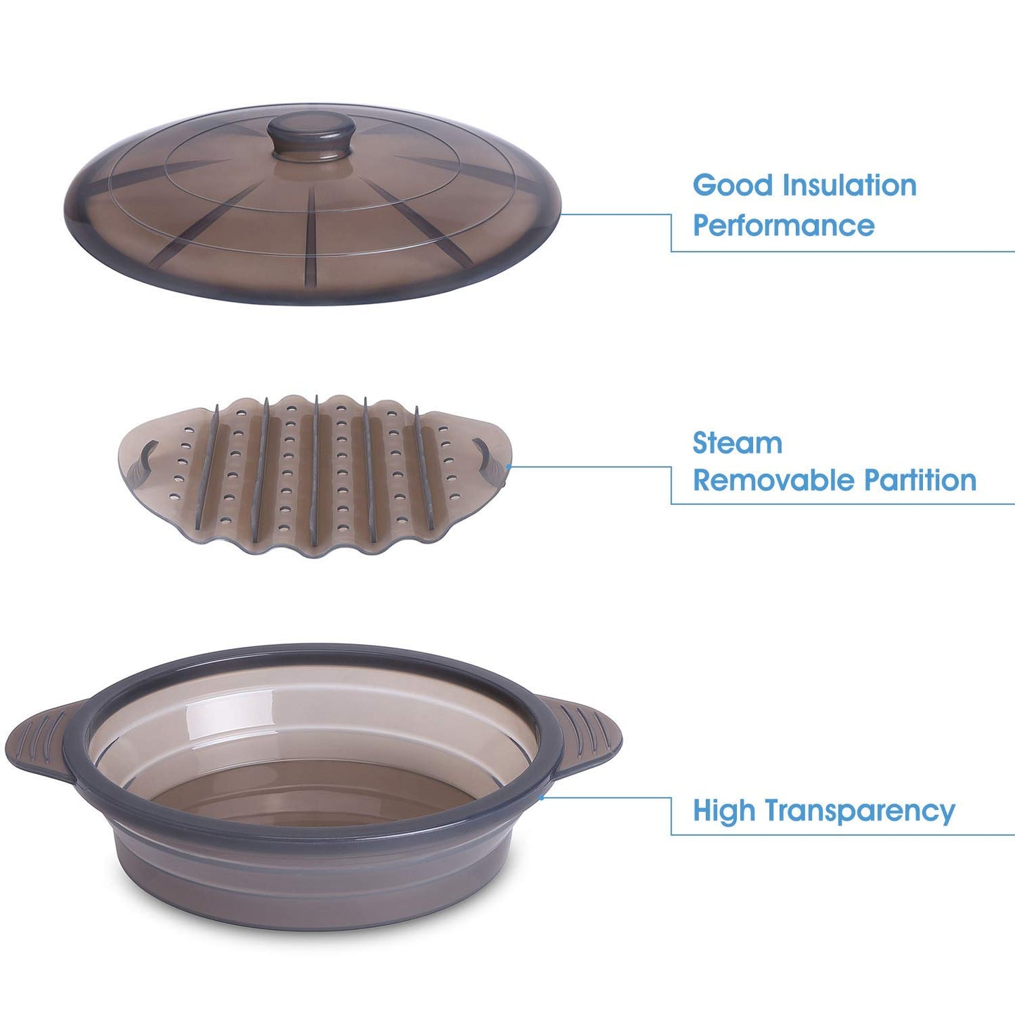 Microwave Steamer Cooker Collapsible Bowl-Silicone Steamer Cookware with Handle Lid for Vegetables Fish Prep Meal Food with Removable Rack BPA Free, Easy to Store, Freezer & Dishwasher Safe