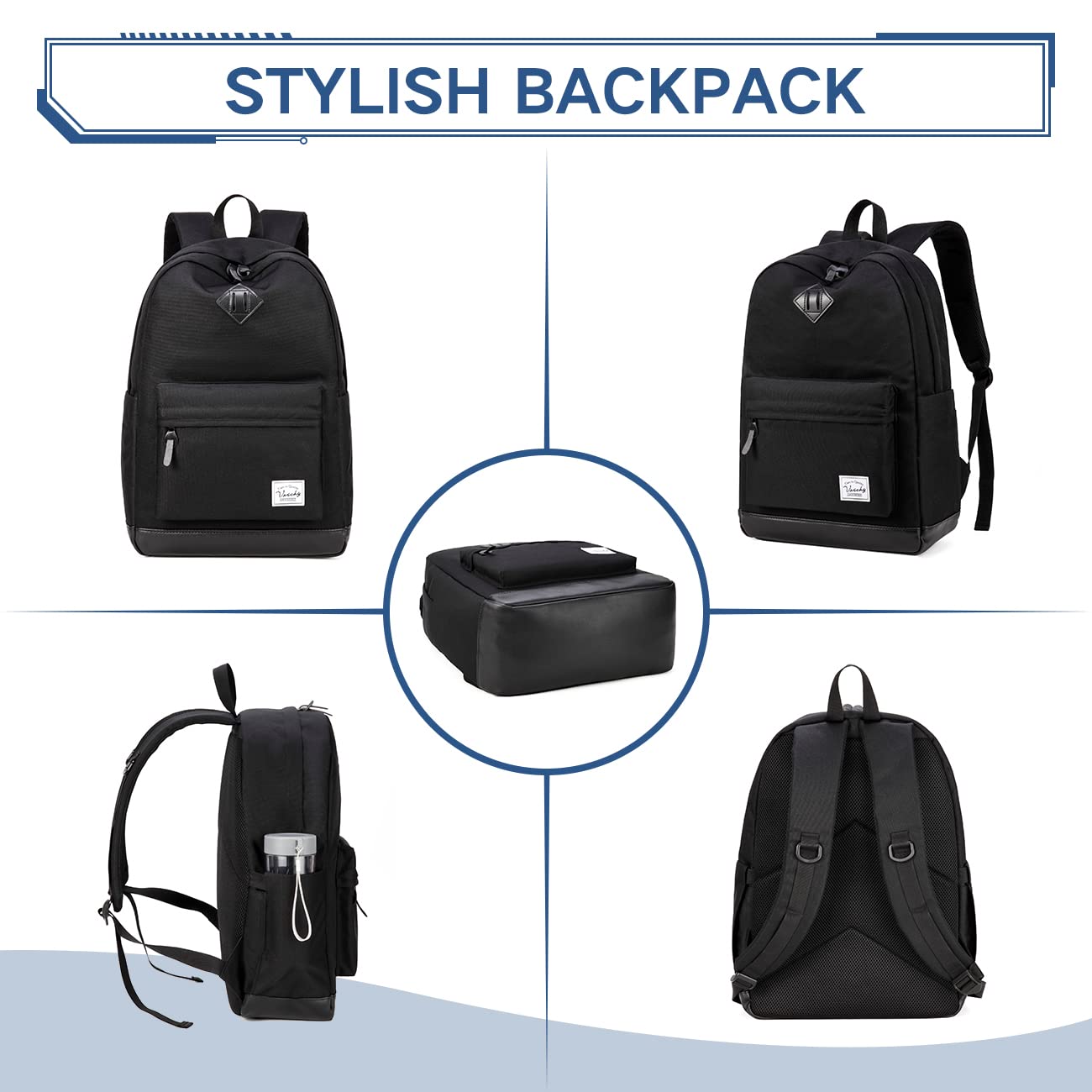 Backpack for Men Women, VASCHY Water-Resistant School Backpack Bookbag Daypack for Teens/College Students Plain Black