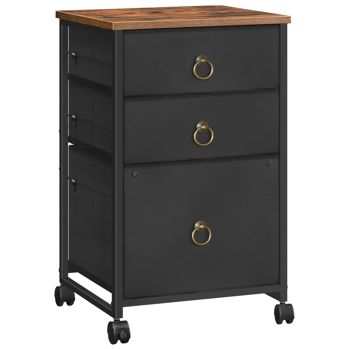 HOOBRO Mobile File Cabinet, Rolling Printer Stand with 3 Drawers, Office Cabinet, Fabric Vertical Filing Cabinet fits A4 or Letter Size for Home Office, Black and Rustic Brown BFK30WJ01