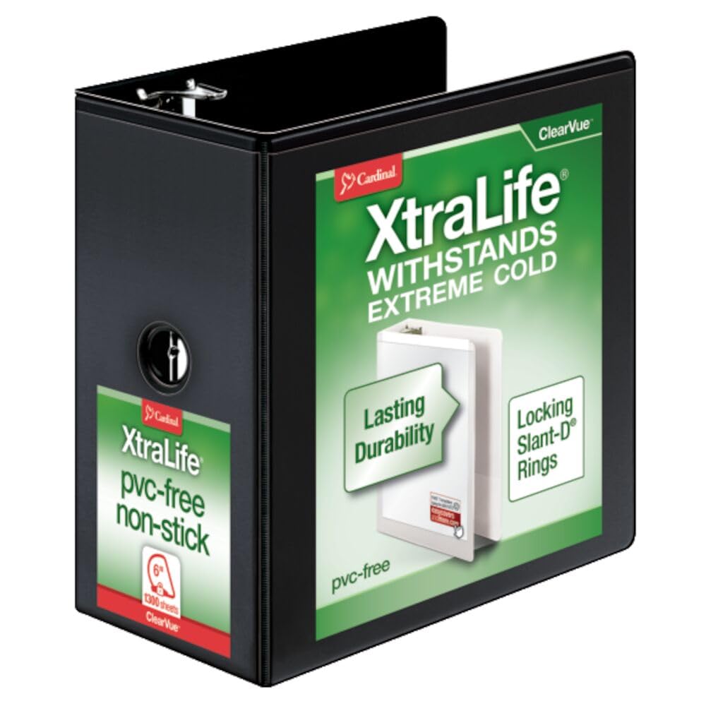 Cardinal Binders ClearVue Heavy-Duty, Locking Slant-D Rings, 6-Inch Spine, Black, 1300-Sheet Capacity, Shelf Pull, Nonstick PVC-Free, Customizable Front/Back/Spine Covers, Professional Storage Binder