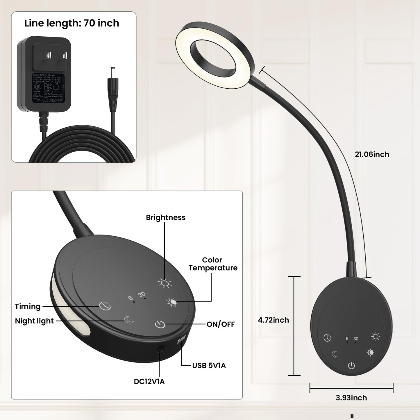 Wall Mounted Reading Light,NoeiiT Book Lights with 5 Dimming,Bedside Headboard Lights Flexible Gooseneck,USB Output,Night Light & Timers Function（5/30 min, 3000K-6500K Upgrade LED Bed Lamp Black