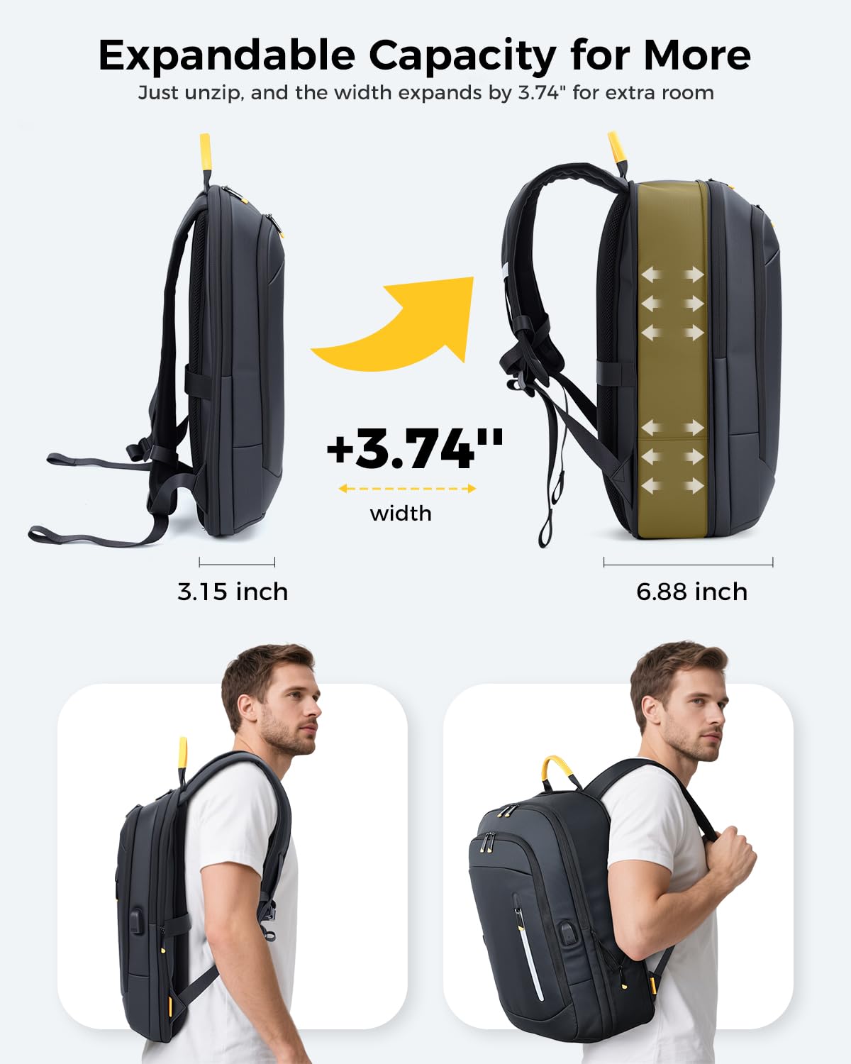 Slim Laptop Backpack for Men - Expandable Business Backpack Fits 17.3 Inch Laptop, Anti Theft Work Backpack with USB Charging Port, Water Resistant Lightweight Computer Backpack for Work College,Black
