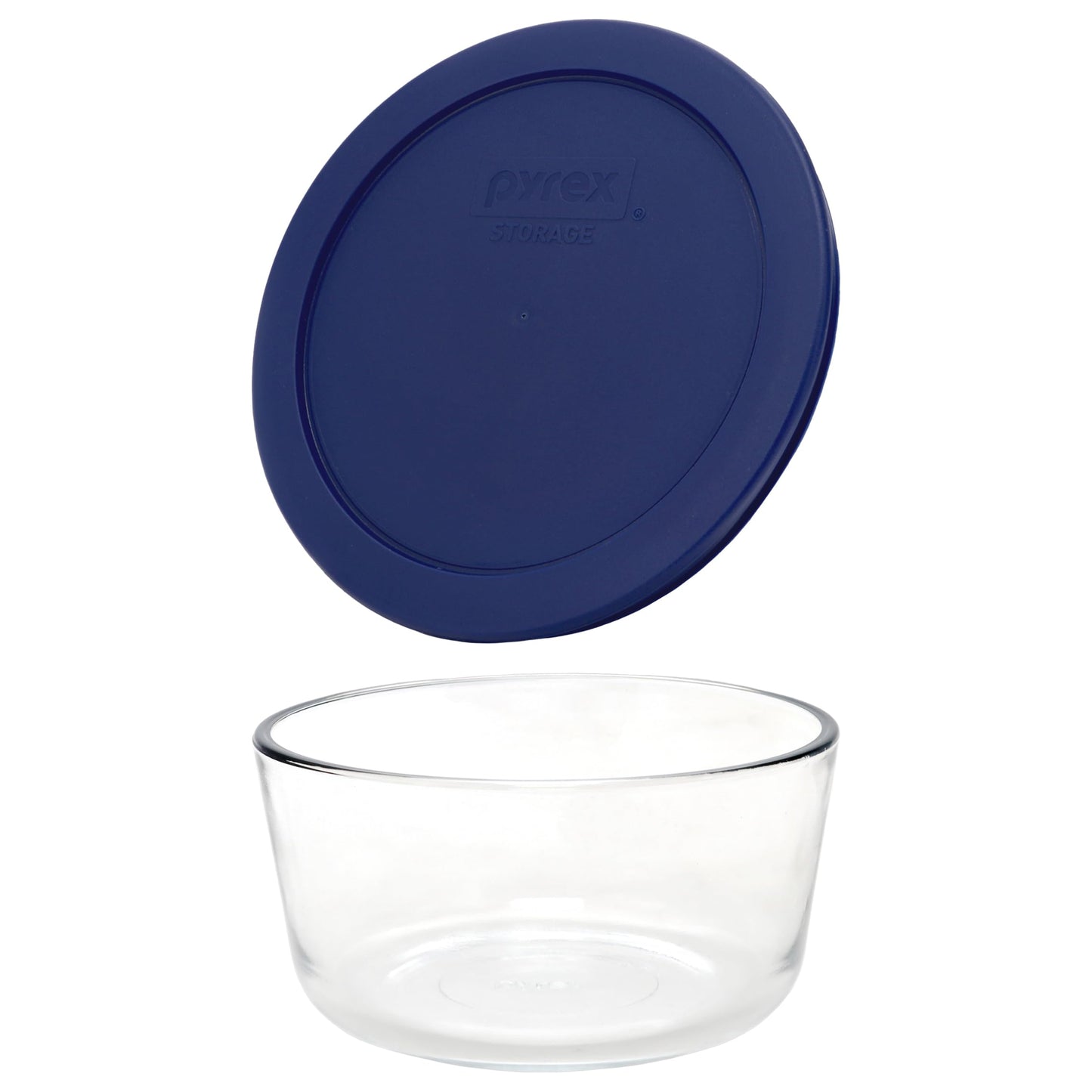 Pyrex Storage 4-Cup Round Dish with Dark Blue Plastic Cover, Clear (Pack of 2 Containers)