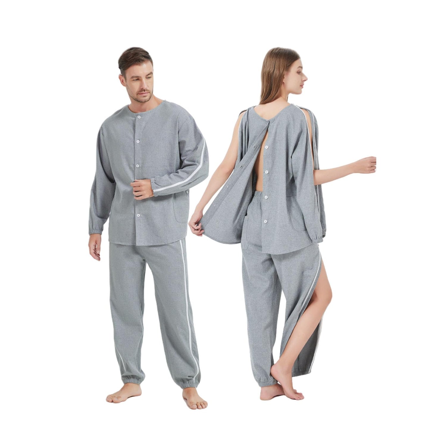 Aylashine Bedridden Patient Nursing Pajamas, Two Ways to wear, Front and Back Cotton, Breathable, Sweat-Wicking and Comfortable, Unisex, Zipper Closure,Gray XXXL