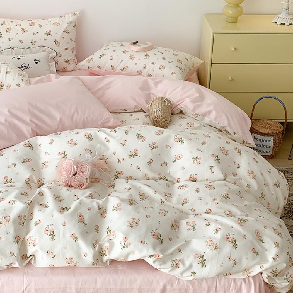 Erwinmu Floral Duvet Cover Set Twin Size,White Pink Floral Flowers Bedding Duvet Cover with Zipper Closure,Soft Microfiber Comforter Cover and 1 Pillowcase