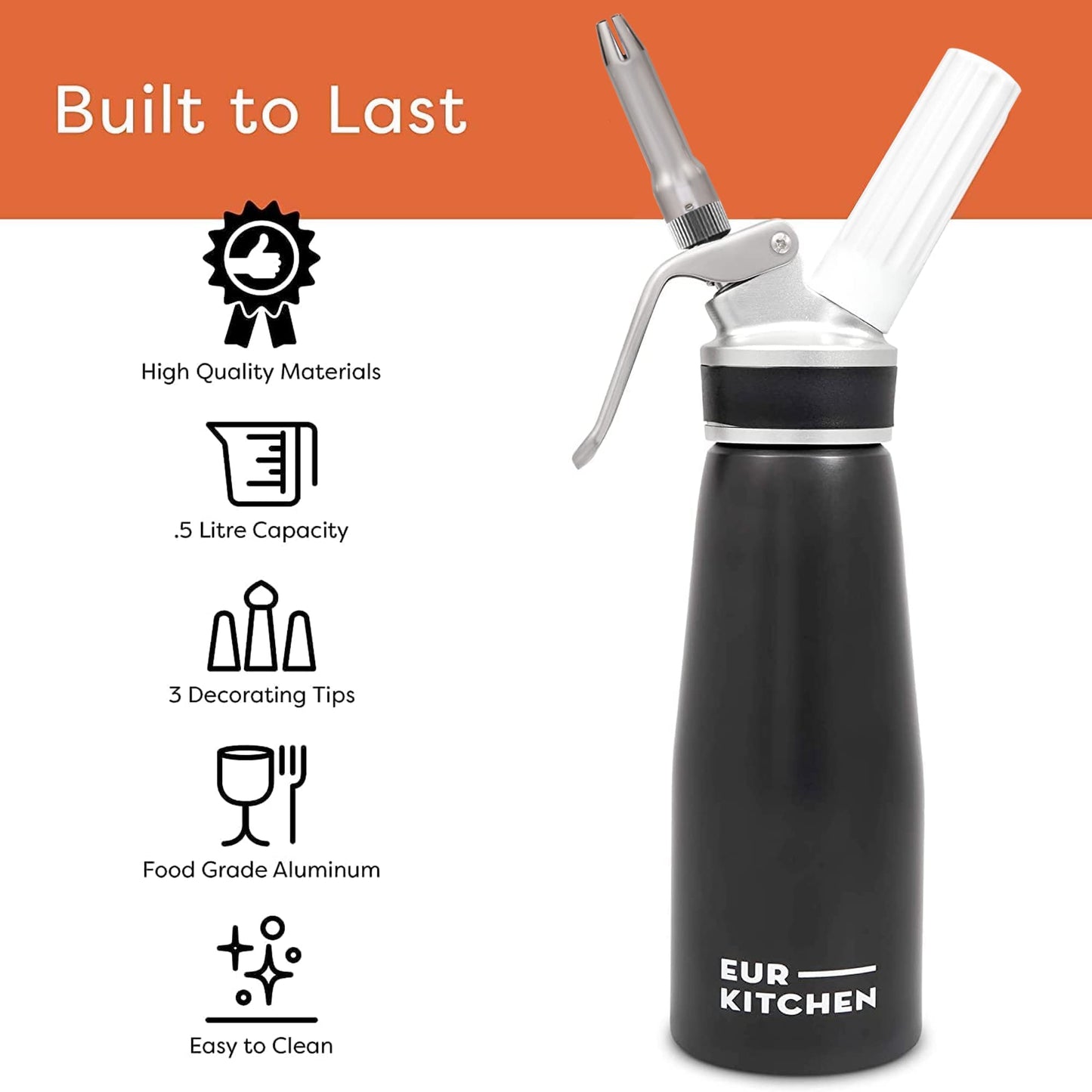EurKitchen Professional Aluminum Whipped Cream Dispenser - Leak-Free Whip Cream Maker Canister with 3 Decorating Nozzles & Cleaning Brush - 1-Pint / 500 mL Whipper - N2O Chargers (Not Included)