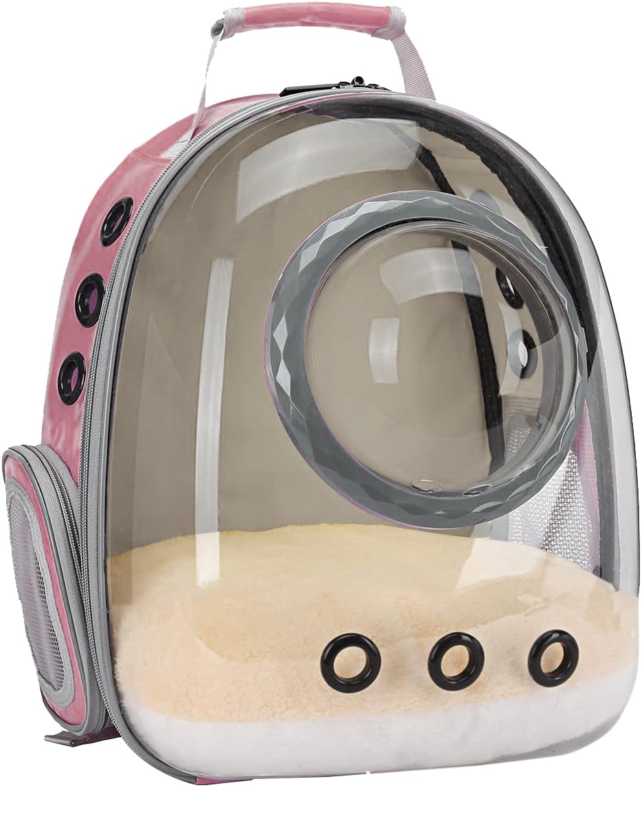 Space Capsule Astronaut Pet Backpack Carrier for Cat and Small Dog, Clear Bubble Dome Window with Soft Pillow, Airline Approved (Pink)