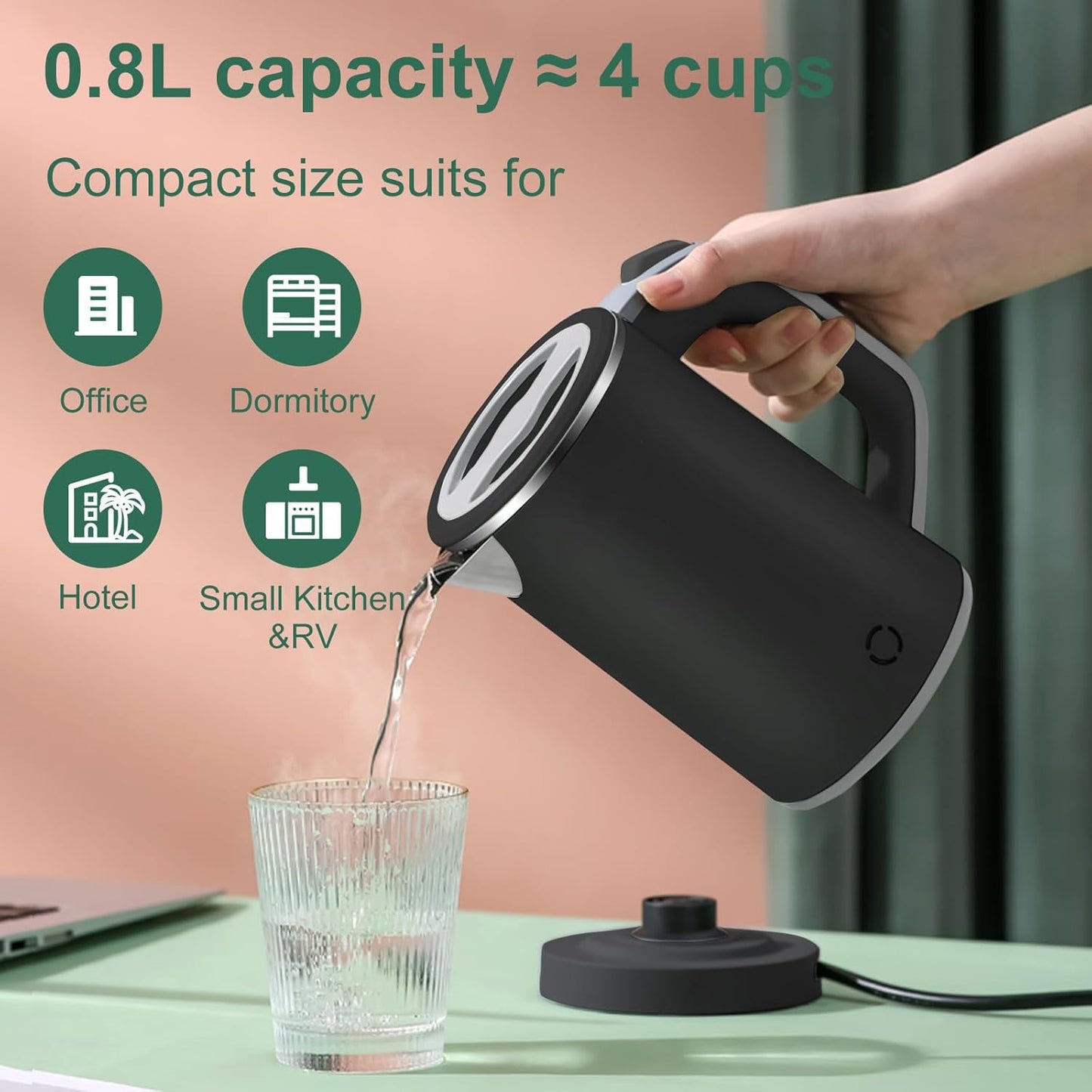 Small Electric Kettle Stainless Steel Double Wall Electric Kettle,0.8L Portable Travel Kettle Stainless Steel with Auto Shut-Off,Low Power Hot Water Kettle for Camping, Travel (black)