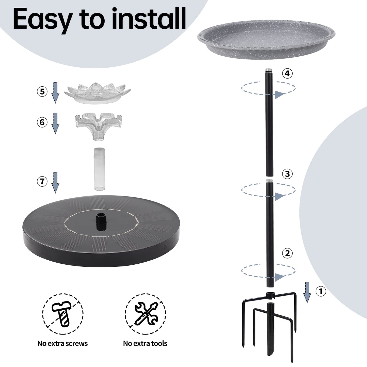 Feemiyo Solar Powered Bird Bath Fountains for Hummingbirds,Stable Stylish Design with 5-Prong Base Metal Stake Bird Baths Fountain for Lawn Patio Yard Garden (Grey)