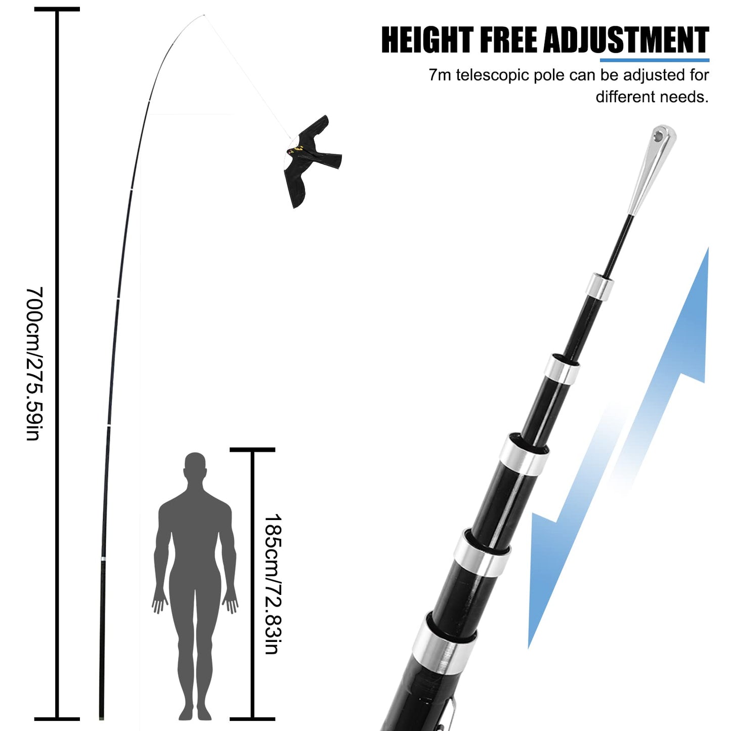 Bird Repeller, Extendable Bird Repellent Scarer Flying Eagle Kite Shape with Telescopic Pole for Home Outdoor Garden Farm (7M)