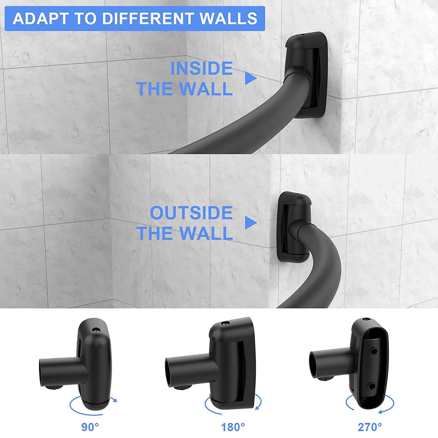 Tlooe Curved Shower Curtain Rod, 45-72 Inches Adjustable Curved Shower Rod, Rustproof Round Never Fall Shower Rods for Bathroom, Telescoping Design, Need to Drill, Black